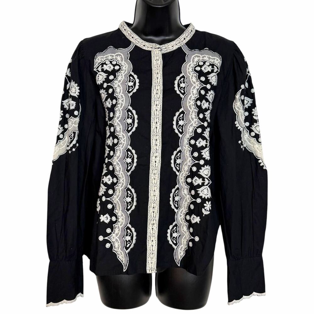 Jennifer Grace Black Lace Embroidered Blouse M Whimsigoth Fairy Cottagecore Boho
